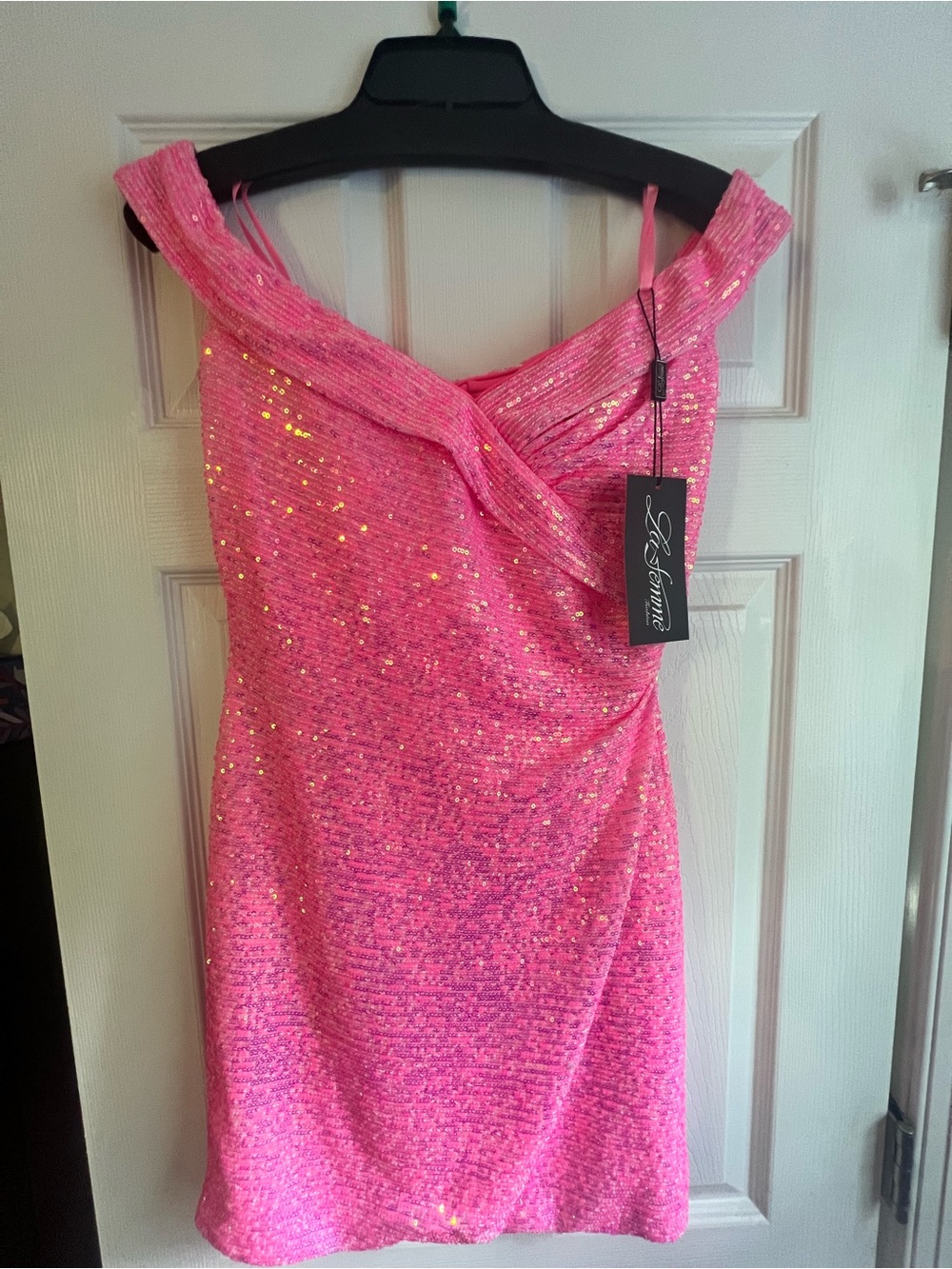 La Femme Hot Pink Sequin Off-Shoulder Mini Dress